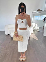 Women's Knitting Strapless crop top long Skirt two piece Set