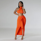 Fashion casual summer solid color sleeveless halter backless two piece skirt set