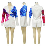Women's Fashion Casual Collar Printed Blazer Shorts Two Piece Suit