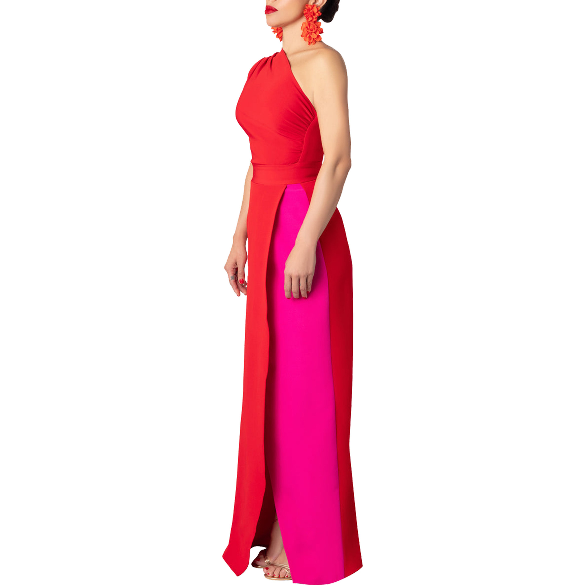 contrast color one-shoulder Elegant long dress evening gown