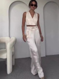 Summer women's solid color v-neck vest wide-leg trousers fashion set
