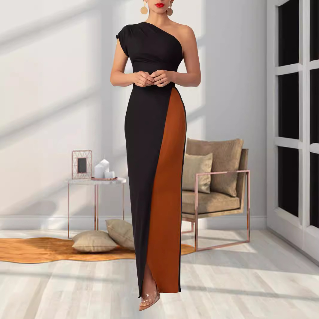 contrast color one-shoulder Elegant long dress evening gown