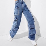 Women's High Waist Pocket Loose Cargo Denim Pants