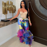 Women's Tie-dye Print Bell Bottom Pants Ruffled trousers