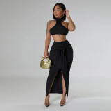 Fashion casual summer solid color sleeveless halter backless two piece skirt set