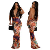 Women's fashion sexy lace patchwork halter v-neck Low Back print slim long dress