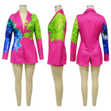 Women's Fashion Casual Collar Printed Blazer Shorts Two Piece Suit