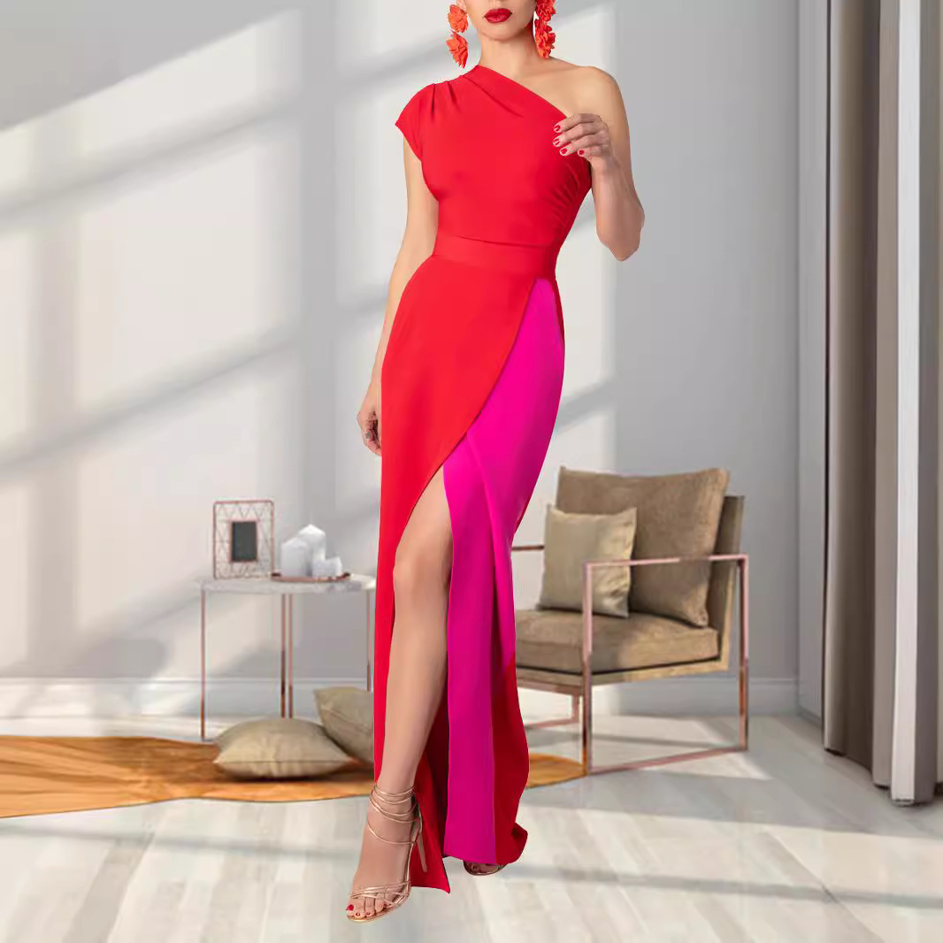 contrast color one-shoulder Elegant long dress evening gown