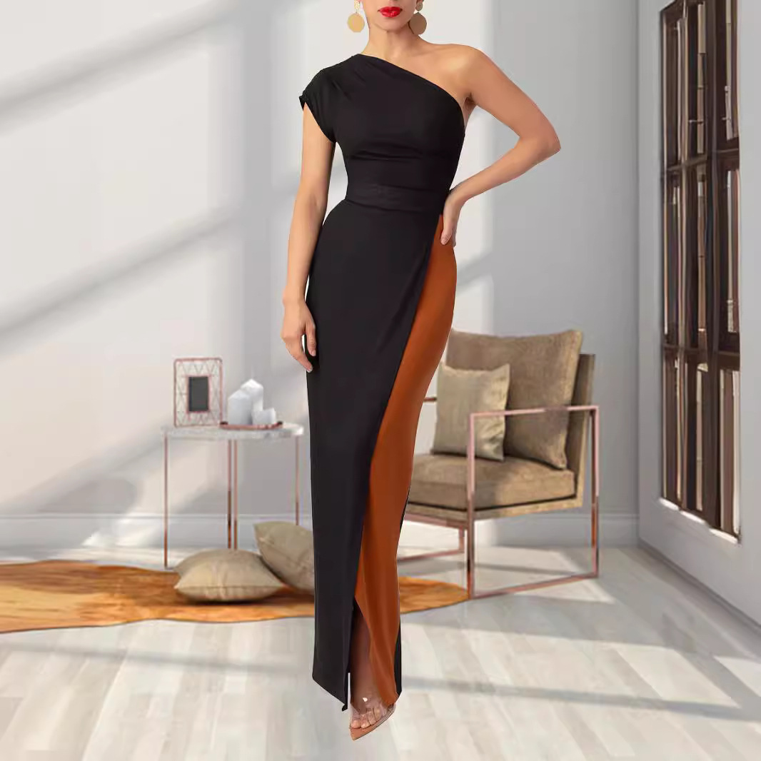 contrast color one-shoulder Elegant long dress evening gown