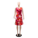 Women's Style Chic printed sleeveless Patchwork pleated dress