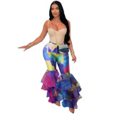 Women's Tie-dye Print Bell Bottom Pants Ruffled trousers