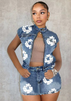 Casual women's clothing Style printed elastic Denim skirt sleeveless Vest set