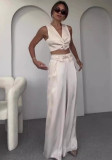 Summer women's solid color v-neck vest wide-leg trousers fashion set