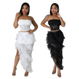 lace Strapless top irregular skirt solid color women two-piece set
