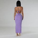 Fashion casual summer solid color sleeveless halter backless two piece skirt set