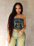 Fashionable women's clothing elastic patch embroidery Denim Strapless top