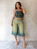 Fashionable women's clothing elastic patch embroidery Denim Strapless top