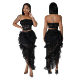 lace Strapless top irregular skirt solid color women two-piece set