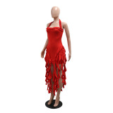 Solid color tassel Halter Neck women's fashion dress
