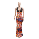 Women's fashion sexy lace patchwork halter v-neck Low Back print slim long dress