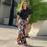 Summer ruffled Round Neck top fashion printed trousers Casual set