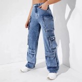 Women's High Waist Pocket Loose Cargo Denim Pants