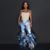 Women's Tie-dye Print Bell Bottom Pants Ruffled trousers