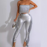 Sexy Strapless hollow tassel vest high waist Tight Fitting pants stretch leather two-piece set