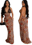 Women's fashion sexy lace patchwork halter v-neck Low Back print slim long dress