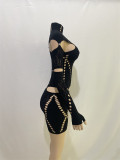 Women Solid Studded High Neck Ripped Long Sleeve Sexy Mini Dress