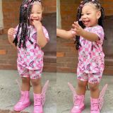 Children's Girls Fashion Butterfly Print Casual two piece shorts Set