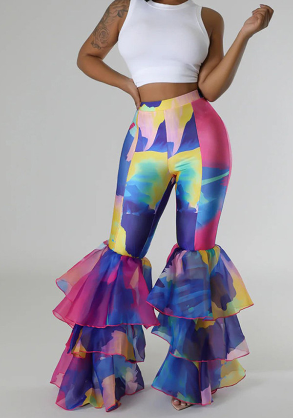 Women's Tie-dye Print Bell Bottom Pants Ruffled trousers