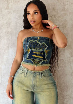 Fashionable women's clothing elastic patch embroidery Denim Strapless top