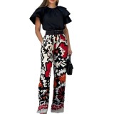 Summer ruffled Round Neck top fashion printed trousers Casual set