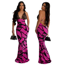 Women's fashion sexy lace patchwork halter v-neck Low Back print slim long dress Women's fashion sexy lace patchwork halter v-neck Low Back print slim long dress