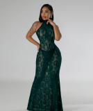 Sexy Fashion Halter Neck See Through Lace Low Back Slim Nightclub Long Dress