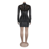 Sexy See-Through Beaded Mesh long sleeve Bodycon club dress