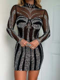Sexy See-Through Beaded Mesh long sleeve Bodycon club dress