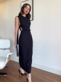 Summer solid color round neck sexy low back High slit long dress