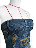 Fashionable women's clothing elastic patch embroidery Denim Strapless top