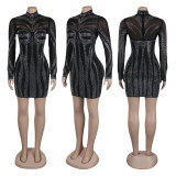 Sexy See-Through Beaded Mesh long sleeve Bodycon club dress