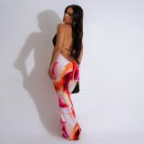 Women's fashion sexy lace patchwork halter v-neck Low Back print slim long dress
