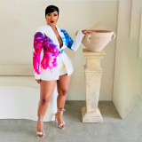 Women's Fashion Casual Collar Printed Blazer Shorts Two Piece Suit