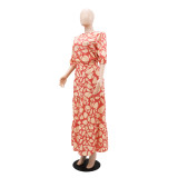 Women's printed Chic elegant Round Neck Patchwork A-line long skirt set