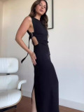 Summer solid color round neck sexy low back High slit long dress