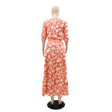 Women's printed Chic elegant Round Neck Patchwork A-line long skirt set