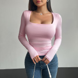 Women Square Neck Long Sleeve Casual Top