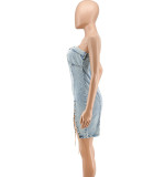 Women copper chain sexy off-shoulder denim jumpsuit