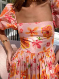 Women summer puff sleeve square neck printed dress