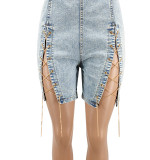 Women copper chain sexy off-shoulder denim jumpsuit